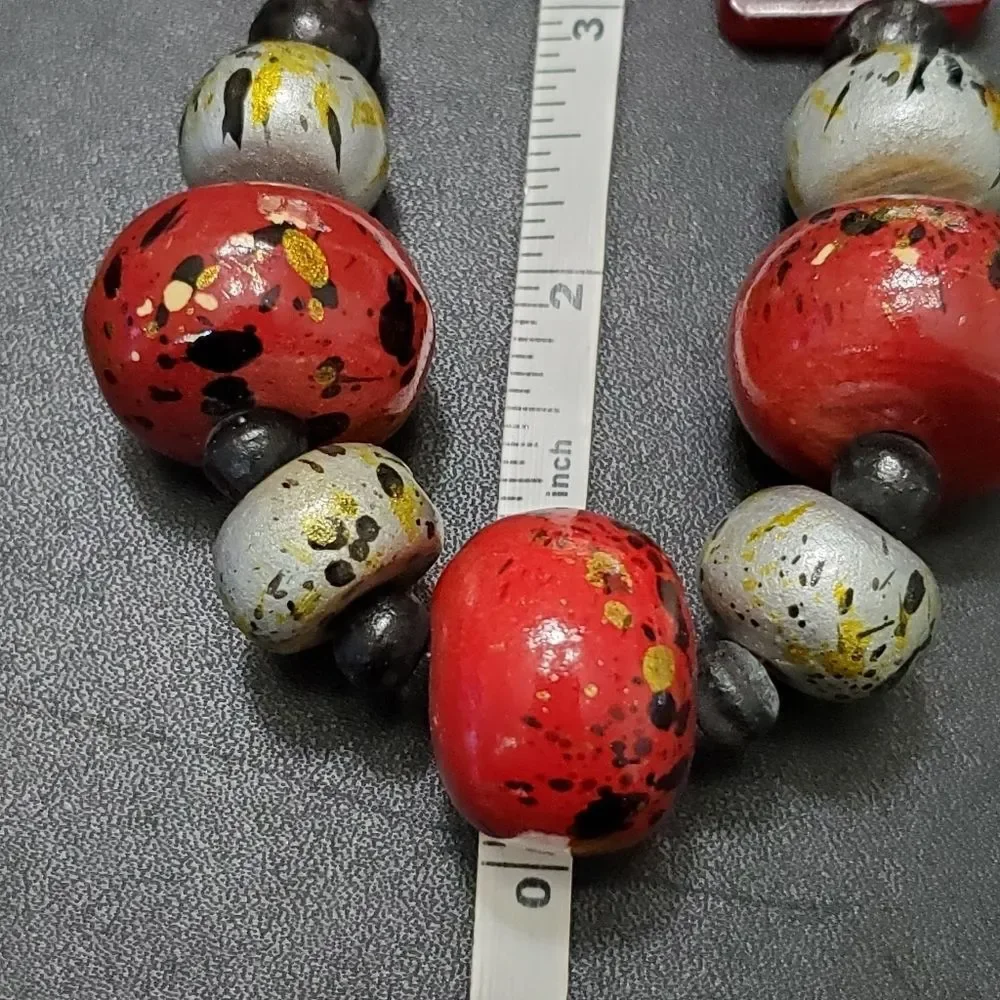 Red and black painted wood bead necklace 28